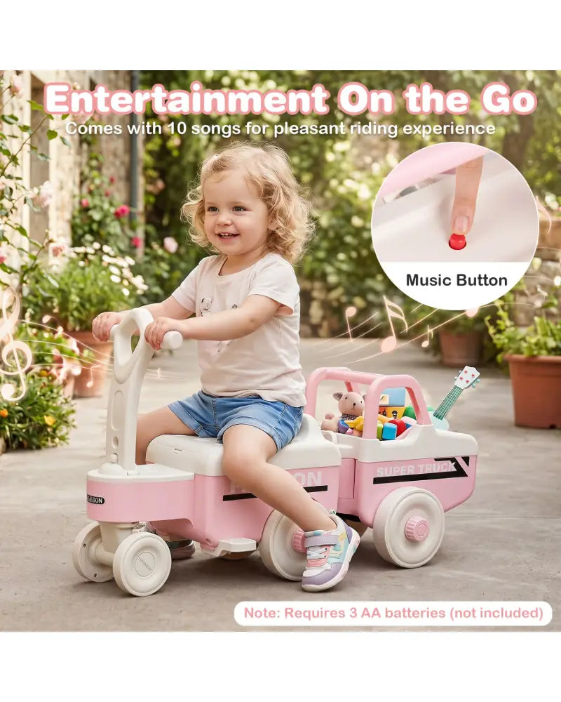 4 in 1 Ride on Push Car with Music and Under-Seat Storage for Boys Girls-Pink - Pink - Push & Pedal Ride On Toys