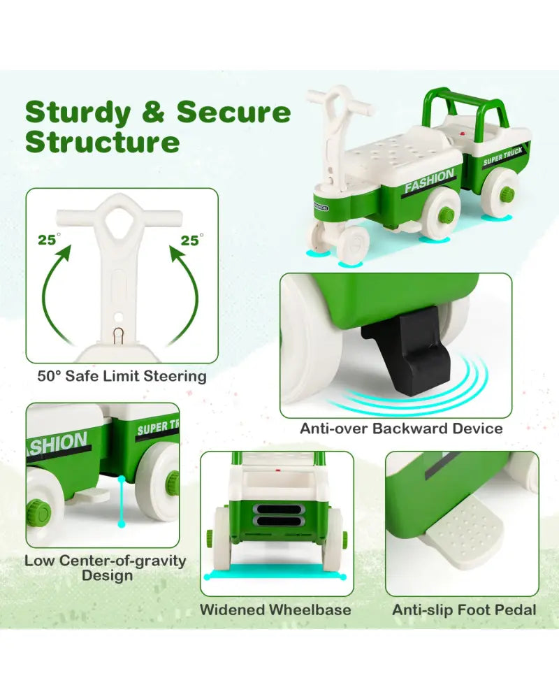 4 in 1 Ride on Push Car with Music and Under-Seat Storage for Boys Girls-Green - Green - Push & Pedal Ride On Toys