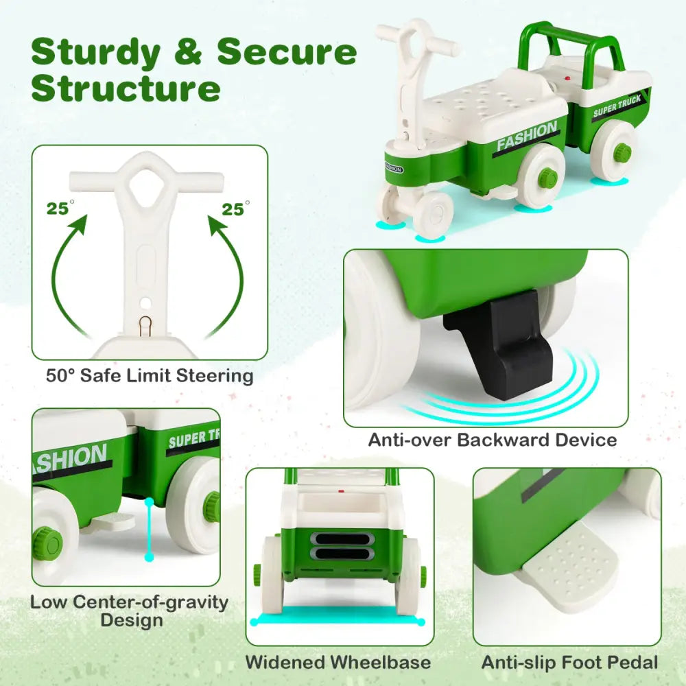 4 in 1 Ride on Push Car with Music and Under-Seat Storage for Boys Girls-Green - Green - Push & Pedal Ride On Toys