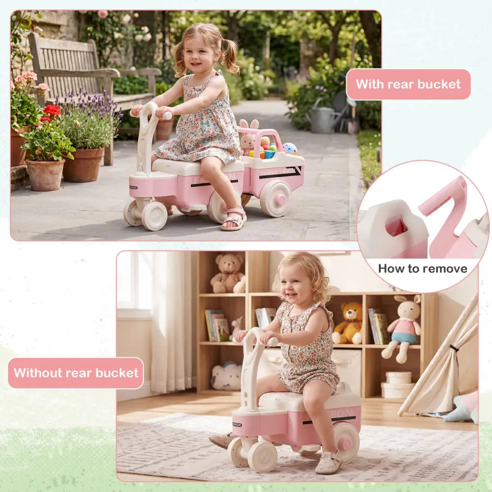 4 in 1 Ride on Push Car with Music and Under-Seat Storage for Boys Girls-Pink - Pink - Push & Pedal Ride On Toys