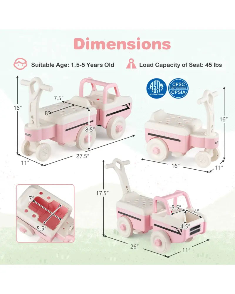 4 in 1 Ride on Push Car with Music and Under-Seat Storage for Boys Girls-Pink - Pink - Push & Pedal Ride On Toys