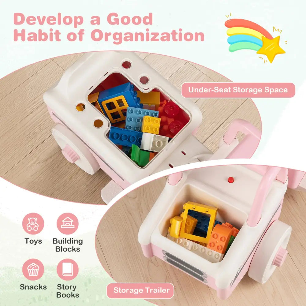 4 in 1 Ride on Push Car with Music and Under-Seat Storage for Boys Girls-Pink - Pink - Push & Pedal Ride On Toys