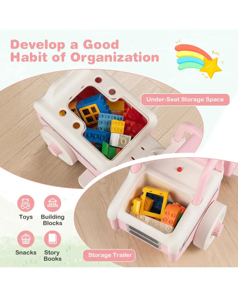 4 in 1 Ride on Push Car with Music and Under-Seat Storage for Boys Girls-Pink - Pink - Push & Pedal Ride On Toys