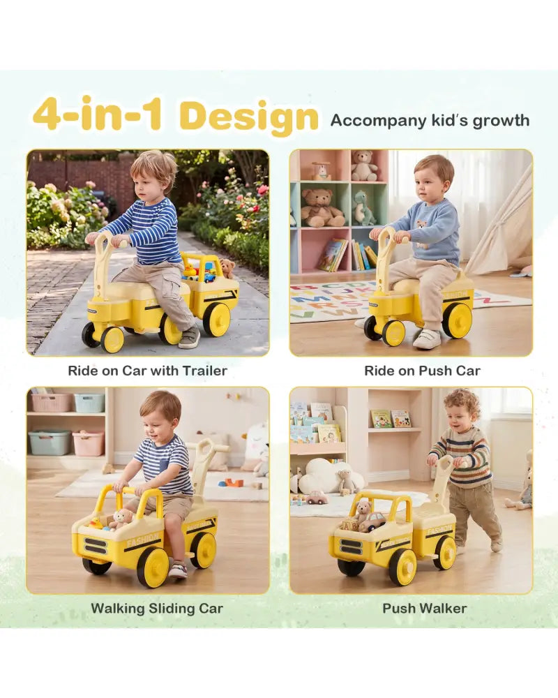 4 in 1 Ride on Push Car with Music and Under-Seat Storage for Boys Girls-Yellow - Yellow - Push & Pedal Ride On Toys