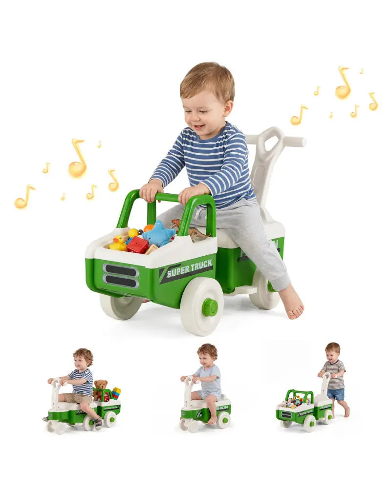 4 in 1 Ride on Push Car with Music and Under-Seat Storage for Boys Girls-Green - Green - Push & Pedal Ride On Toys