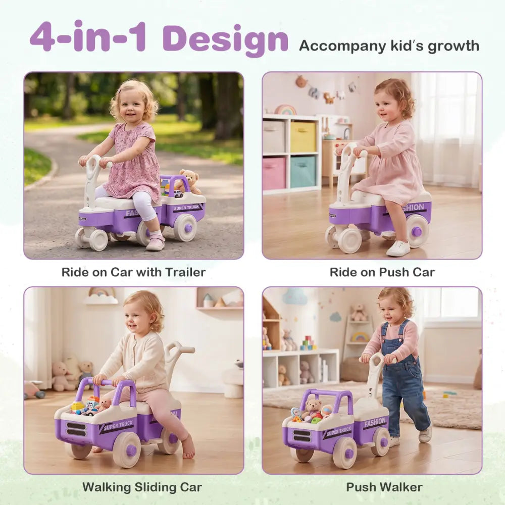 4 in 1 Ride on Push Car with Music and Under-Seat Storage for Boys Girls-Purple - Purple - Push & Pedal Ride On Toys