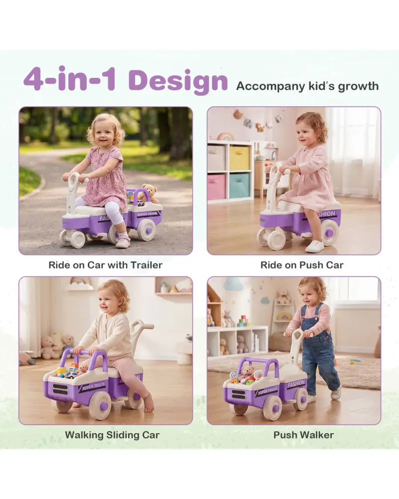 4 in 1 Ride on Push Car with Music and Under-Seat Storage for Boys Girls-Purple - Purple - Push & Pedal Ride On Toys