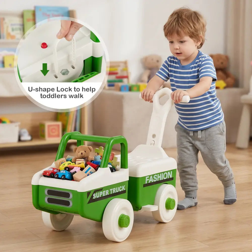 4 in 1 Ride on Push Car with Music and Under-Seat Storage for Boys Girls-Green - Green - Push & Pedal Ride On Toys
