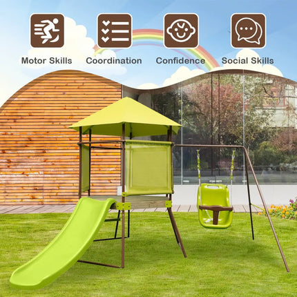 4-in-1 Swing Set with Covered Playhouse Fort and Height Adjustable Baby Seat-Green - Green - Swing & Playsets