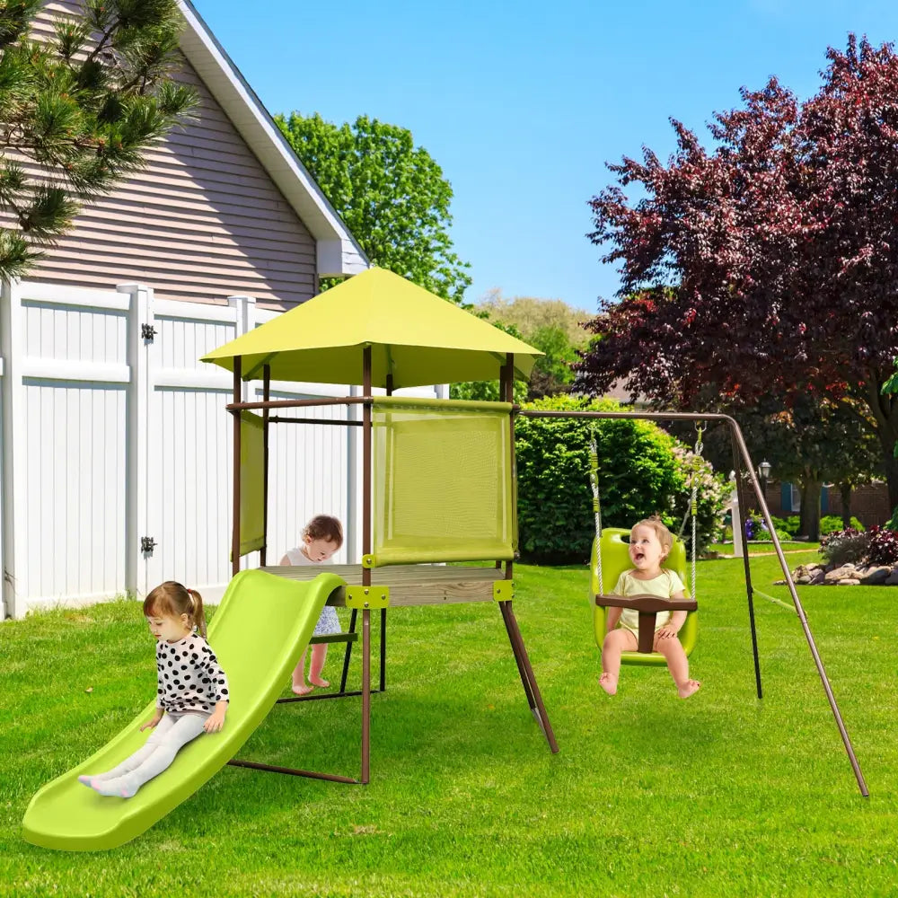 4-in-1 Swing Set with Covered Playhouse Fort and Height Adjustable Baby Seat-Green - Green - Swing & Playsets
