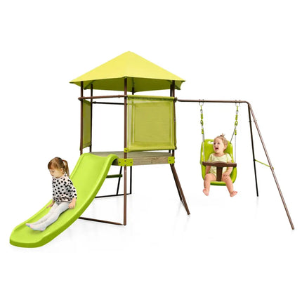 4-in-1 Swing Set with Covered Playhouse Fort and Height Adjustable Baby Seat-Green - Green - Swing & Playsets