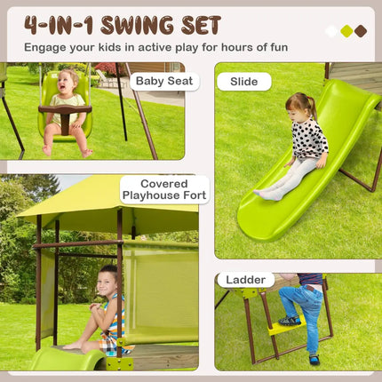 4-in-1 Swing Set with Covered Playhouse Fort and Height Adjustable Baby Seat-Green - Green - Swing & Playsets