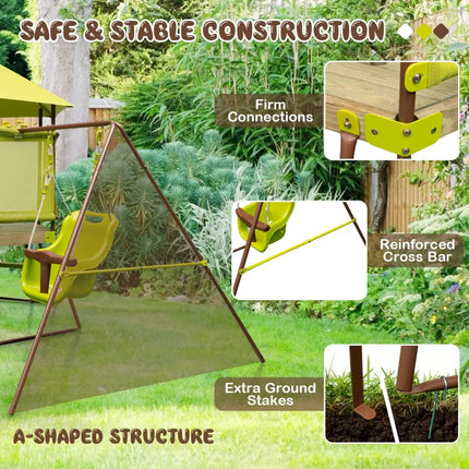 4-in-1 Swing Set with Covered Playhouse Fort and Height Adjustable Baby Seat-Green - Green - Swing & Playsets
