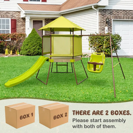 4-in-1 Swing Set with Covered Playhouse Fort and Height Adjustable Baby Seat-Green - Green - Swing & Playsets