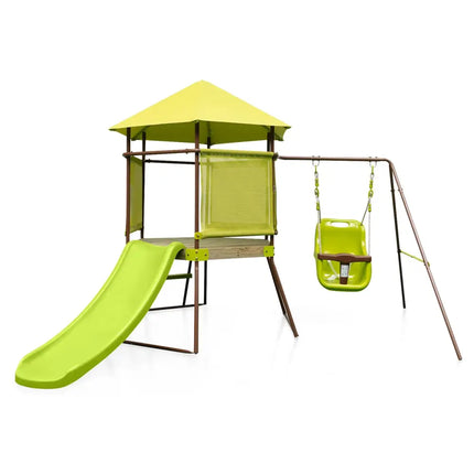 4-in-1 Swing Set with Covered Playhouse Fort and Height Adjustable Baby Seat-Green - Green - Swing & Playsets