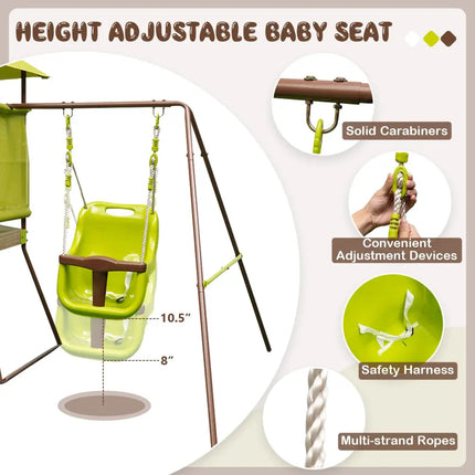 4-in-1 Swing Set with Covered Playhouse Fort and Height Adjustable Baby Seat-Green - Green - Swing & Playsets