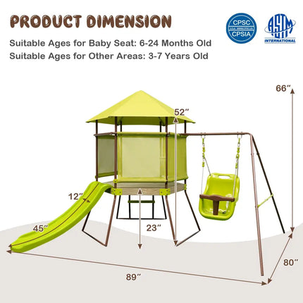 4-in-1 Swing Set with Covered Playhouse Fort and Height Adjustable Baby Seat-Green - Green - Swing & Playsets