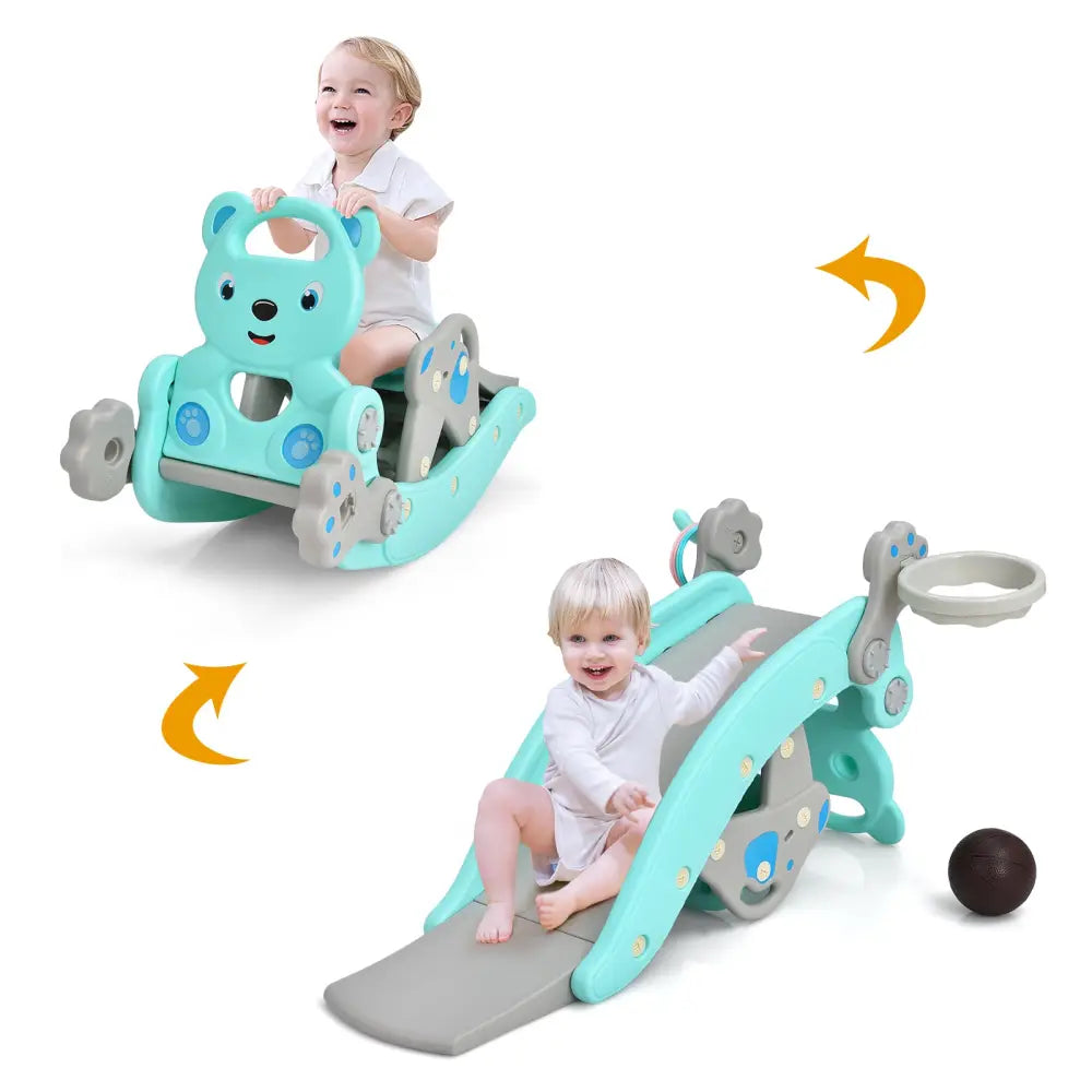 4-in-1 Toddler Slide and Rocking Horse Playset with Basketball Hoop-Blue - Blue - Climbers & Slides