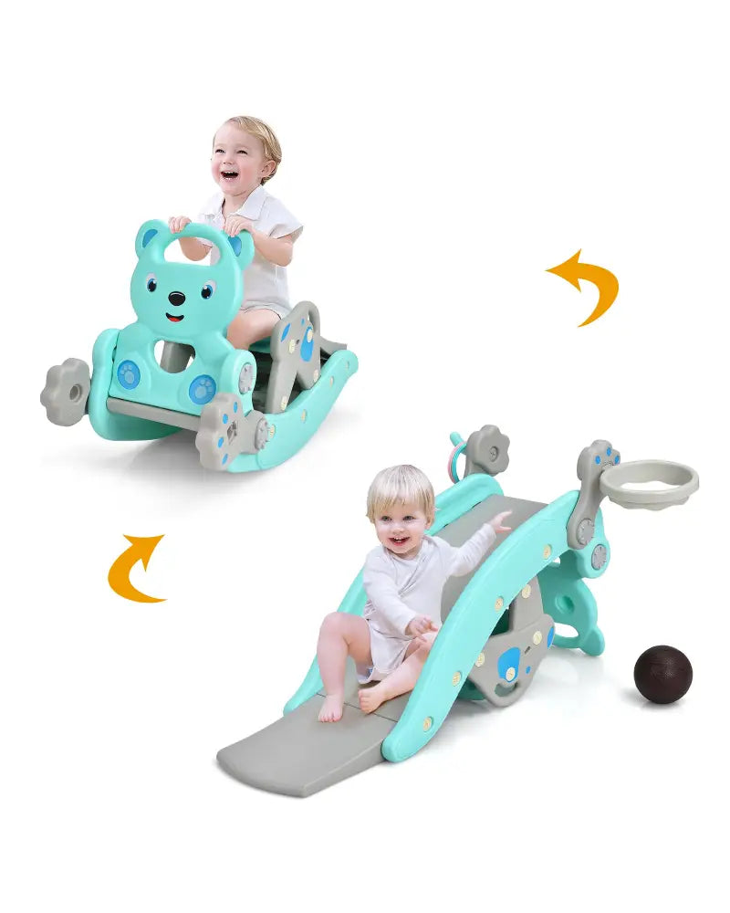 4-in-1 Toddler Slide and Rocking Horse Playset with Basketball Hoop-Blue - Blue - Climbers & Slides