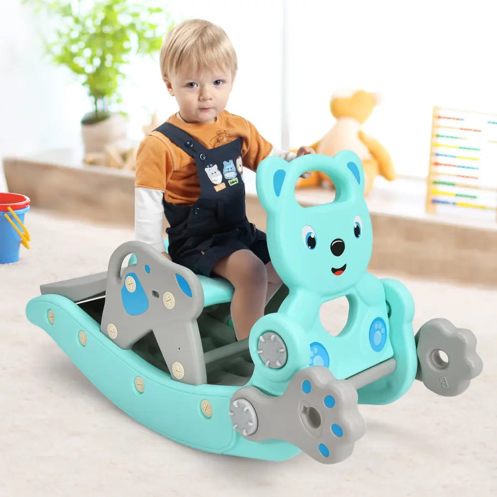 4-in-1 Toddler Slide and Rocking Horse Playset with Basketball Hoop-Blue - Blue - Climbers & Slides
