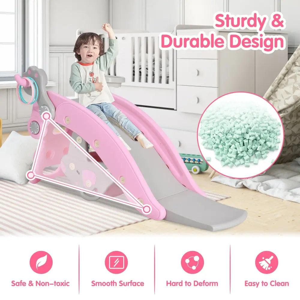4-in-1 Toddler Slide and Rocking Horse Playset with Basketball Hoop-Pink - Pink - Climbers & Slides