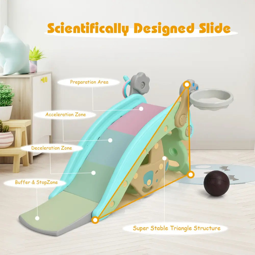 4-in-1 Toddler Slide and Rocking Horse Playset with Basketball Hoop-Blue - Blue - Climbers & Slides