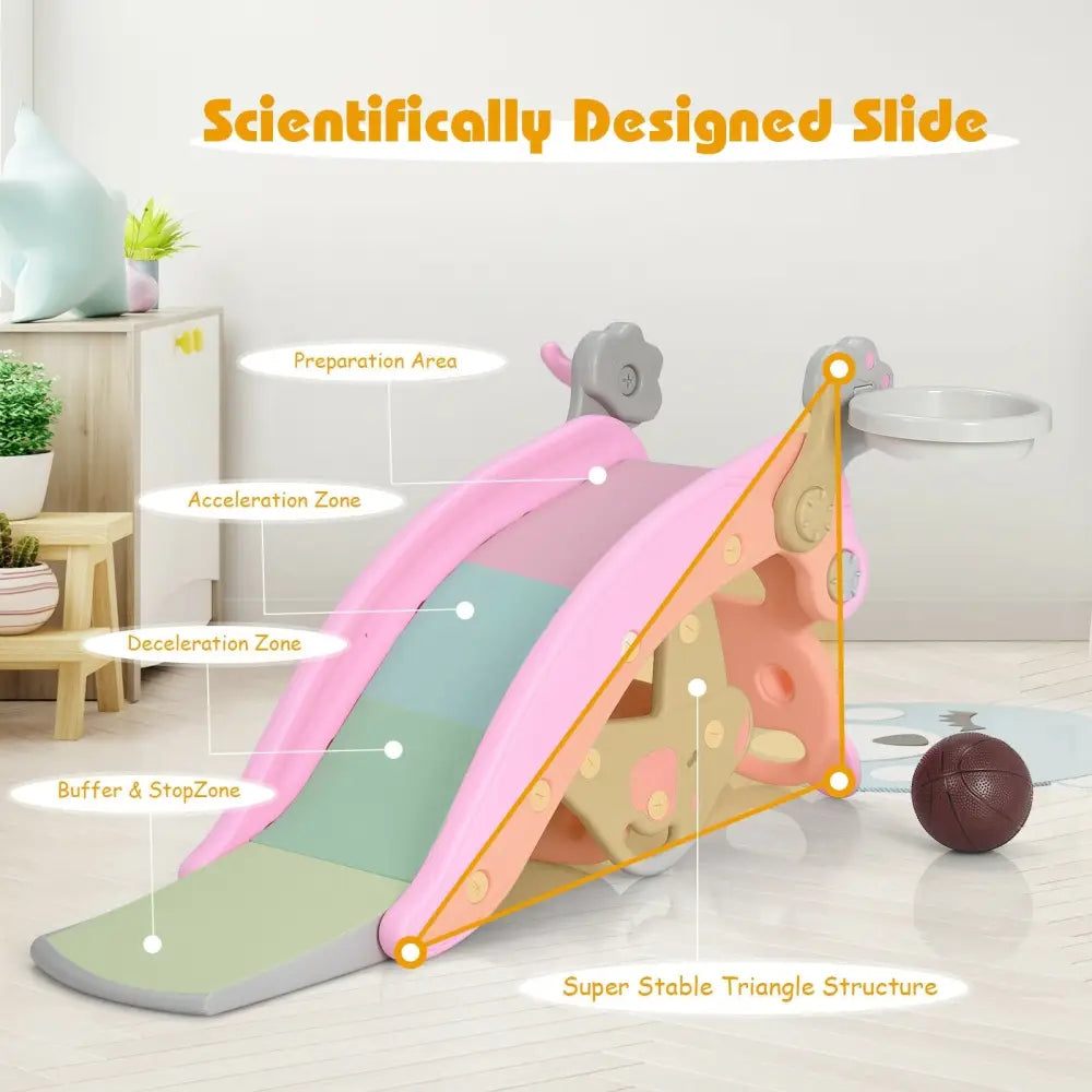 4-in-1 Toddler Slide and Rocking Horse Playset with Basketball Hoop-Pink - Pink - Climbers & Slides