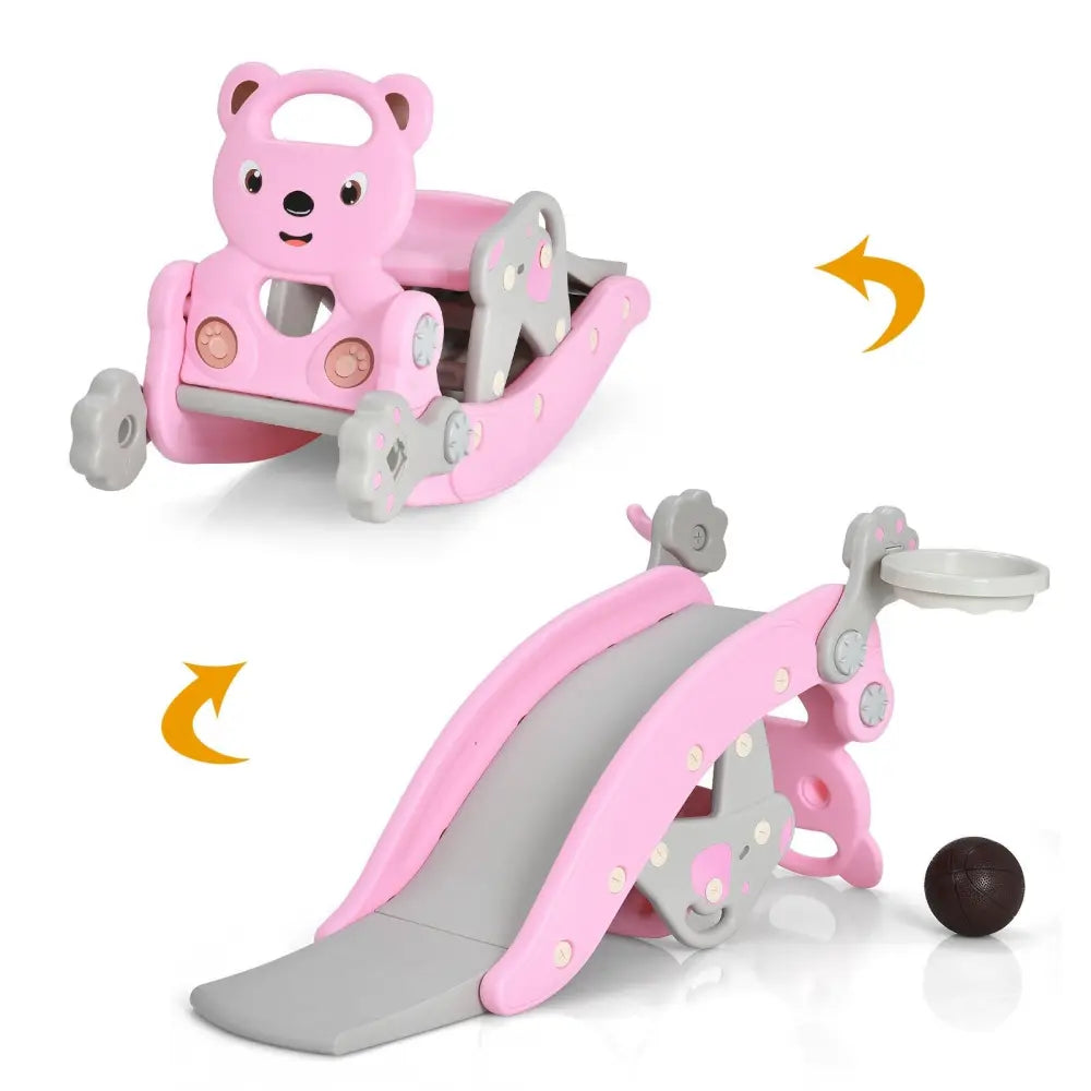 4-in-1 Toddler Slide and Rocking Horse Playset with Basketball Hoop-Pink - Pink - Climbers & Slides