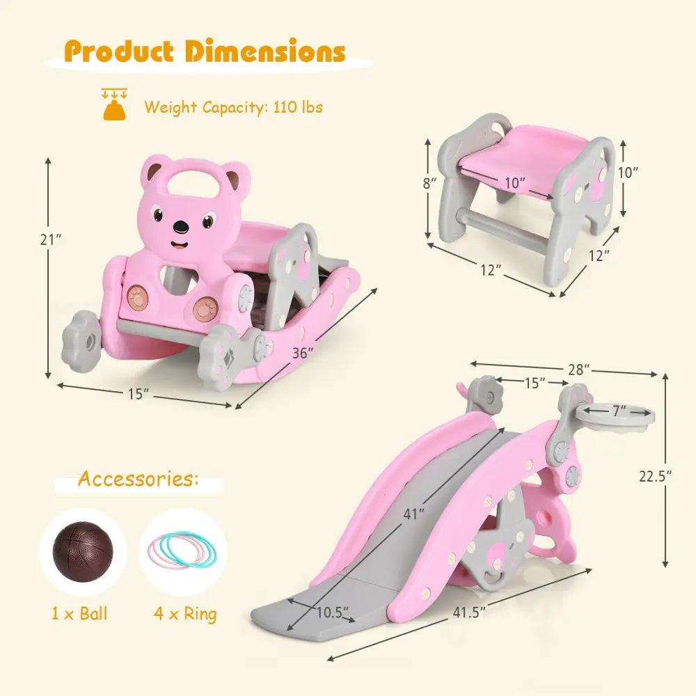 4-in-1 Toddler Slide and Rocking Horse Playset with Basketball Hoop-Pink - Pink - Climbers & Slides