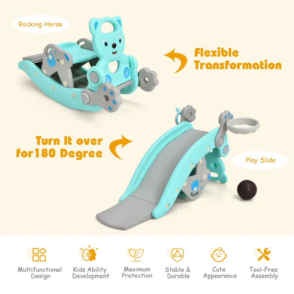 4-in-1 Toddler Slide and Rocking Horse Playset with Basketball Hoop-Blue - Blue - Climbers & Slides