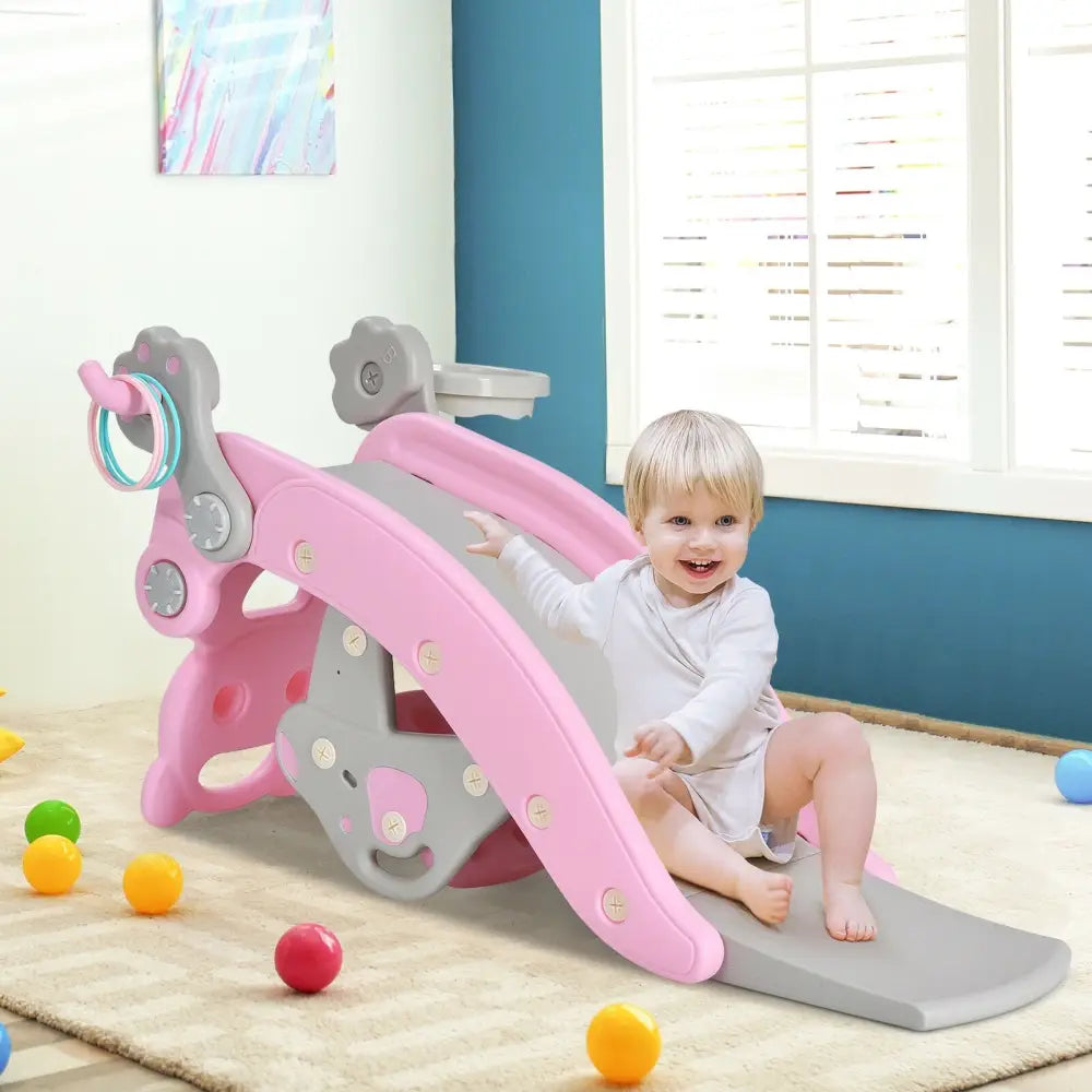 4-in-1 Toddler Slide and Rocking Horse Playset with Basketball Hoop-Pink - Pink - Climbers & Slides