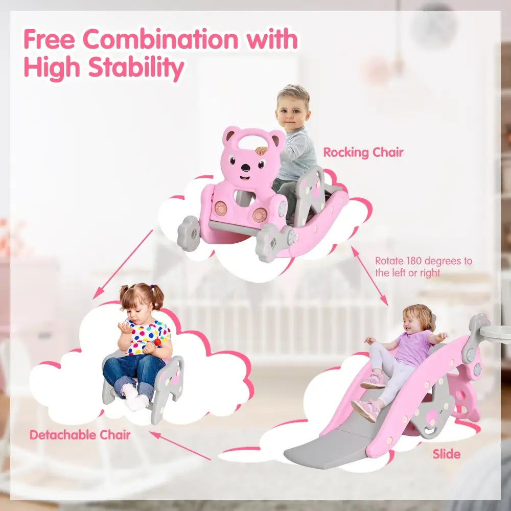 4-in-1 Toddler Slide and Rocking Horse Playset with Basketball Hoop-Pink - Pink - Climbers & Slides