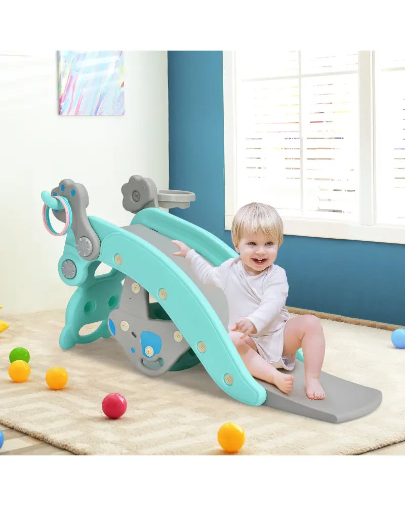 4-in-1 Toddler Slide and Rocking Horse Playset with Basketball Hoop-Blue - Blue - Climbers & Slides