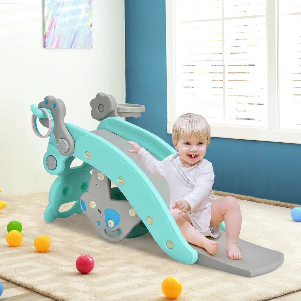 4-in-1 Toddler Slide and Rocking Horse Playset with Basketball Hoop-Blue - Blue - Climbers & Slides