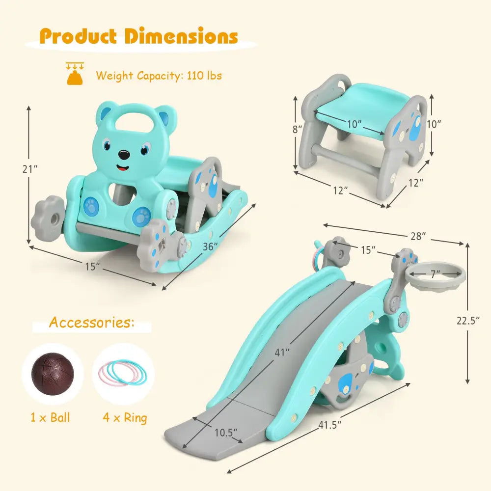 4-in-1 Toddler Slide and Rocking Horse Playset with Basketball Hoop-Blue - Blue - Climbers & Slides