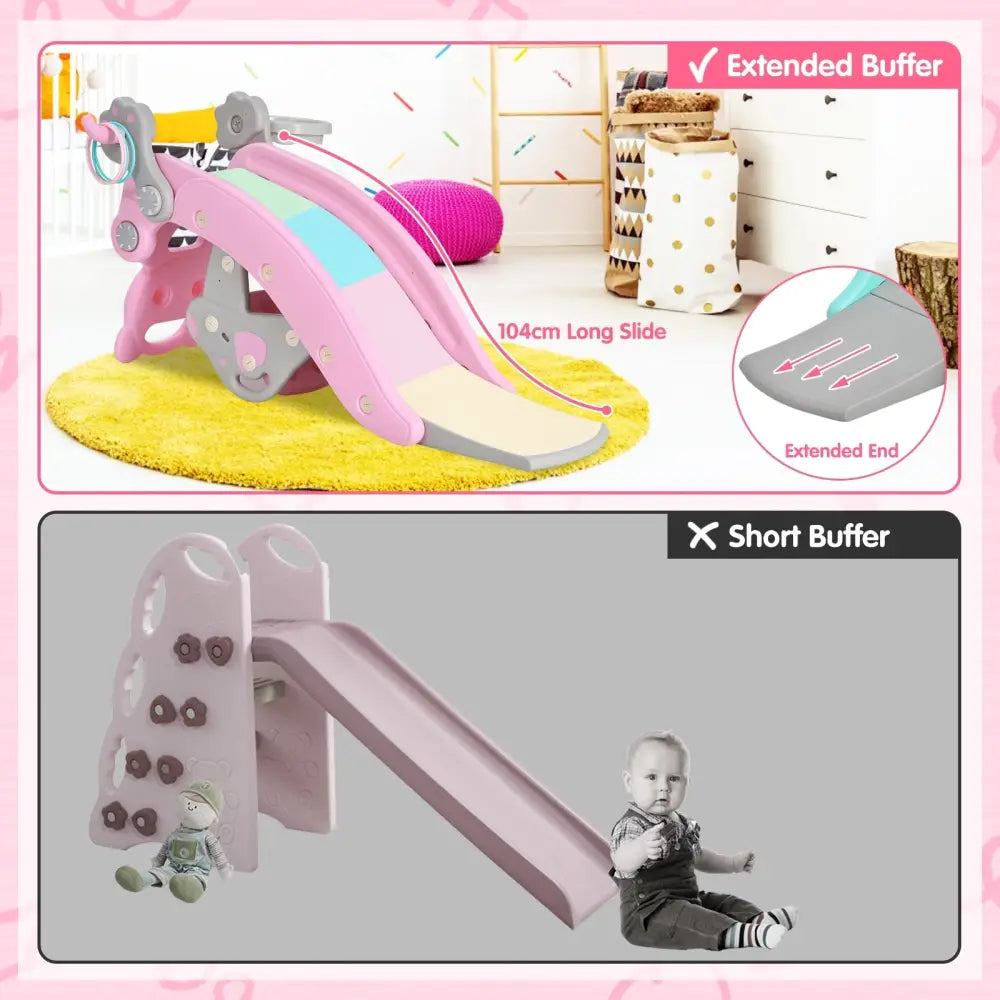 4-in-1 Toddler Slide and Rocking Horse Playset with Basketball Hoop-Pink - Pink - Climbers & Slides