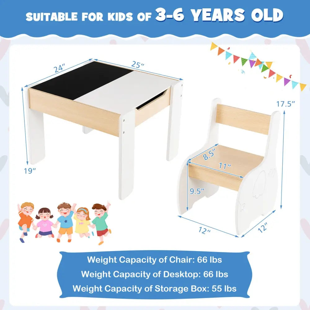 4-in-1 Wooden Activity Kids Table and Chairs with Storage and Detachable Blackboard-White - White - Kids Table & Chair