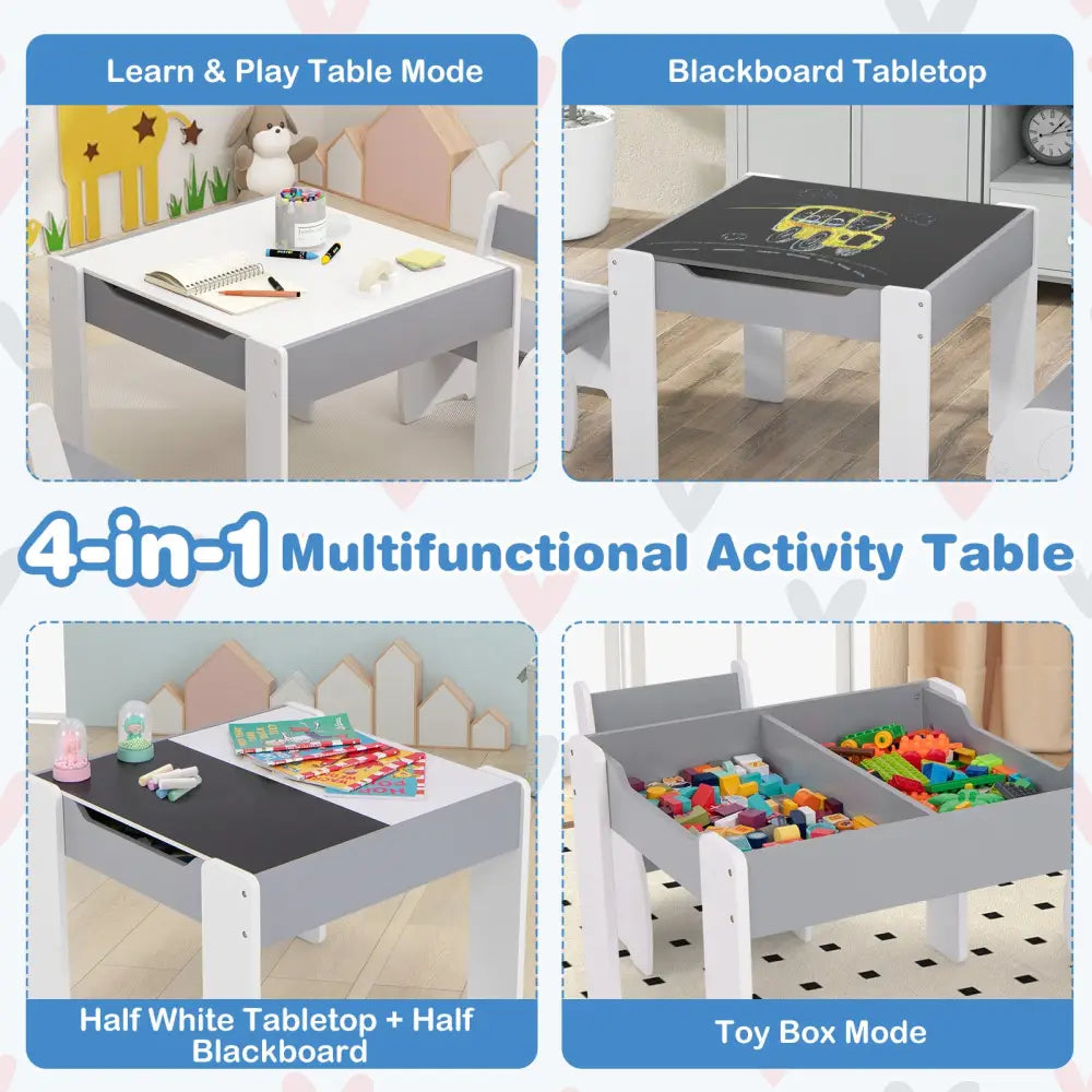 4-in-1 Wooden Activity Kids Table and Chairs with Storage and Detachable Blackboard-Gray - Gray - Kids Table & Chair