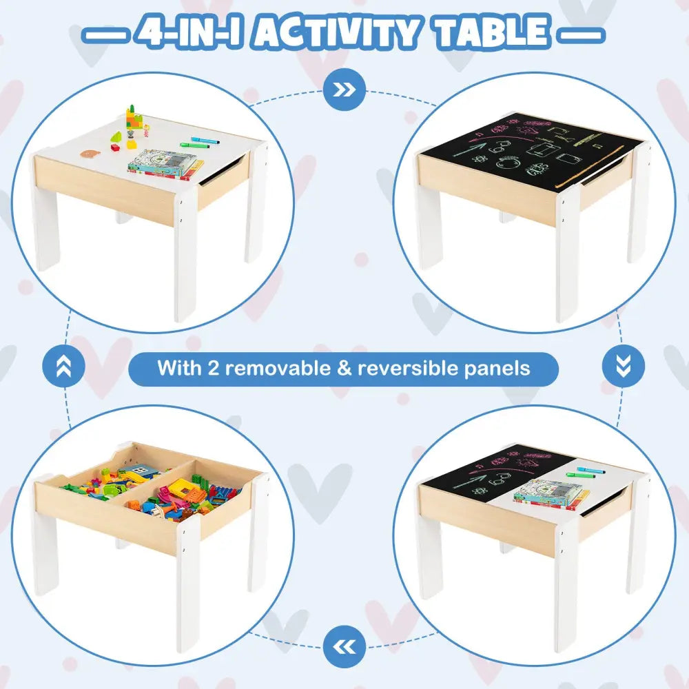 4-in-1 Wooden Activity Kids Table and Chairs with Storage and Detachable Blackboard-White - White - Kids Table & Chair
