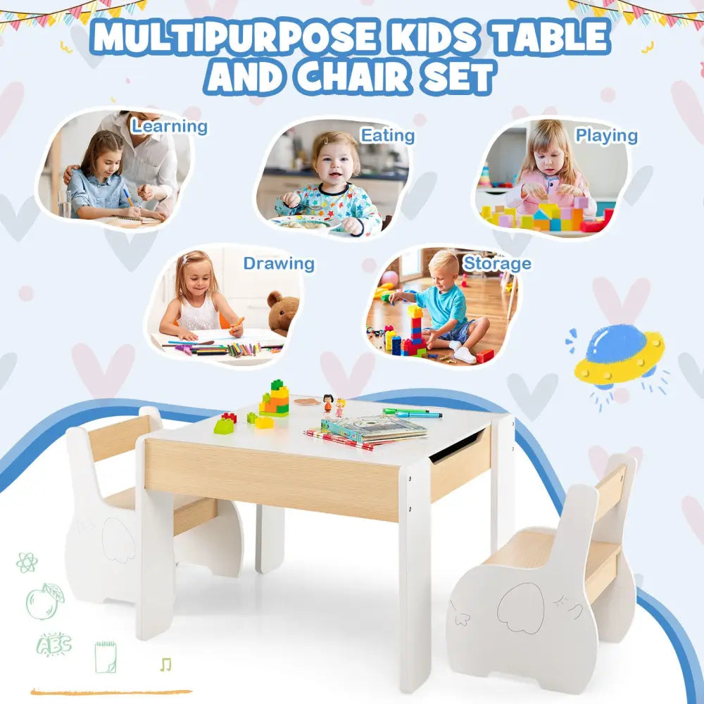 4-in-1 Wooden Activity Kids Table and Chairs with Storage and Detachable Blackboard-White - White - Kids Table & Chair
