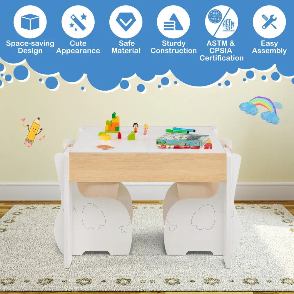 4-in-1 Wooden Activity Kids Table and Chairs with Storage and Detachable Blackboard-White - White - Kids Table & Chair