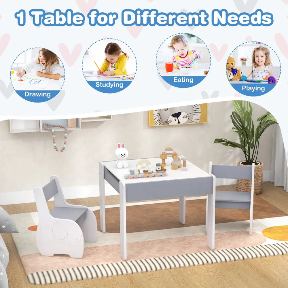 4-in-1 Wooden Activity Kids Table and Chairs with Storage and Detachable Blackboard-Gray - Gray - Kids Table & Chair