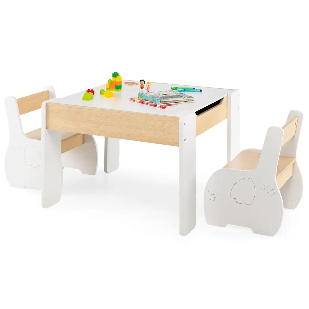 4-in-1 Wooden Activity Kids Table and Chairs with Storage and Detachable Blackboard-White - White - Kids Table & Chair