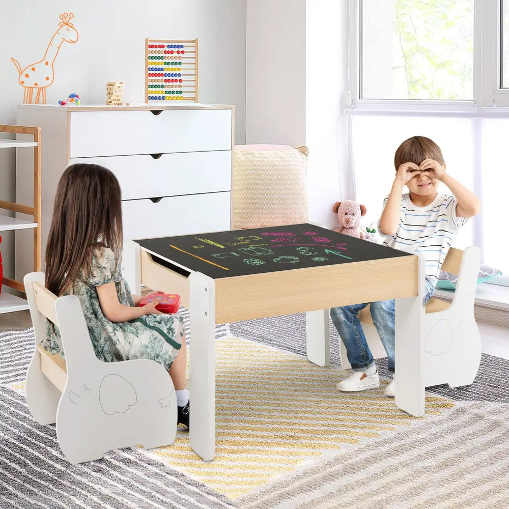4-in-1 Wooden Activity Kids Table and Chairs with Storage and Detachable Blackboard-White - White - Kids Table & Chair