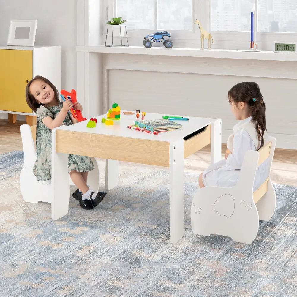 4-in-1 Wooden Activity Kids Table and Chairs with Storage and Detachable Blackboard-White - White - Kids Table & Chair