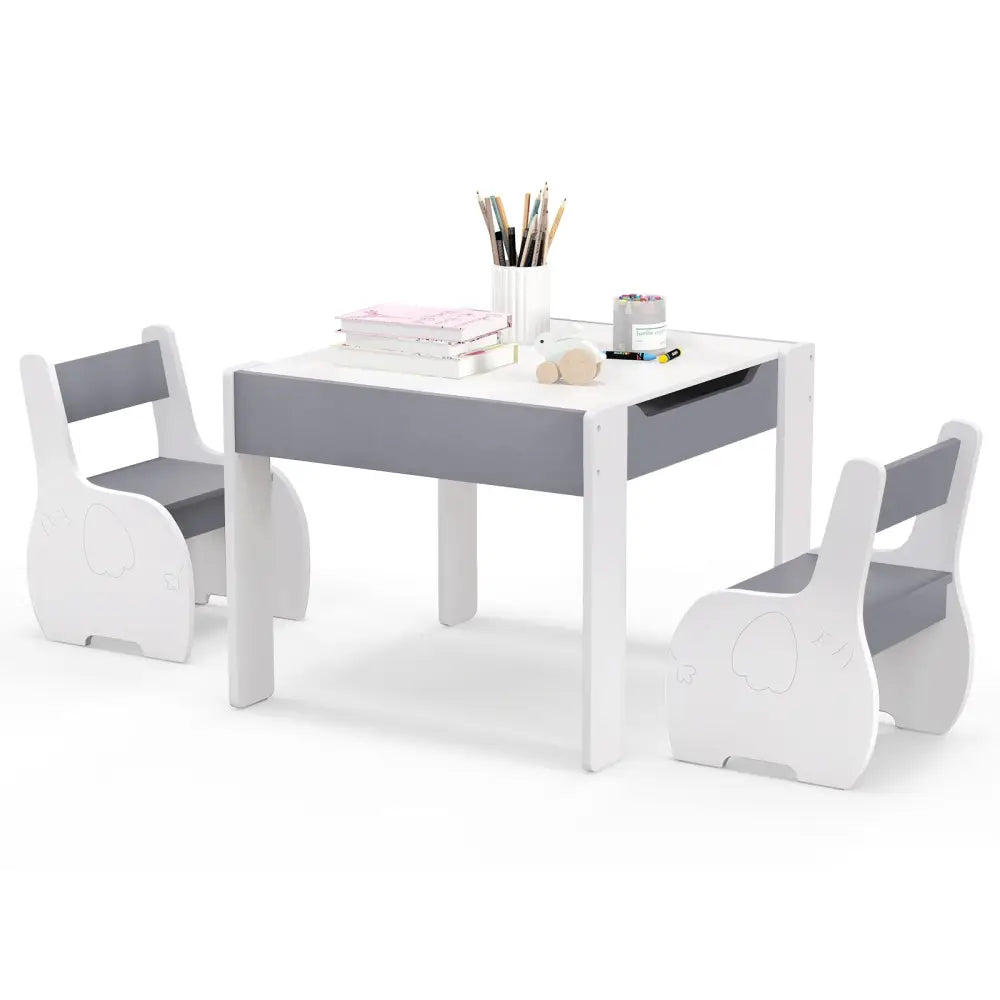 4-in-1 Wooden Activity Kids Table and Chairs with Storage and Detachable Blackboard-Gray - Gray - Kids Table & Chair