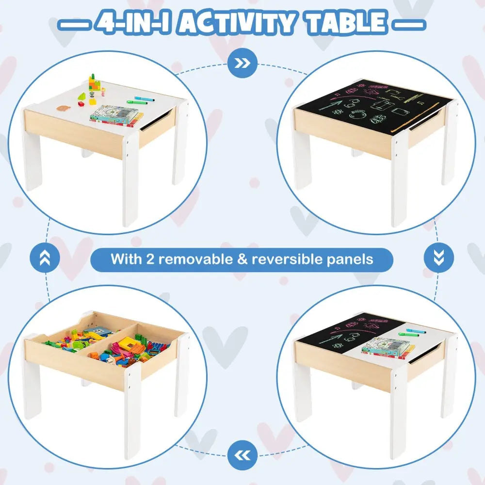 4-in-1 Wooden Activity Kids Table and Chairs with Storage and Detachable Blackboard-White - White - Kids Table & Chair