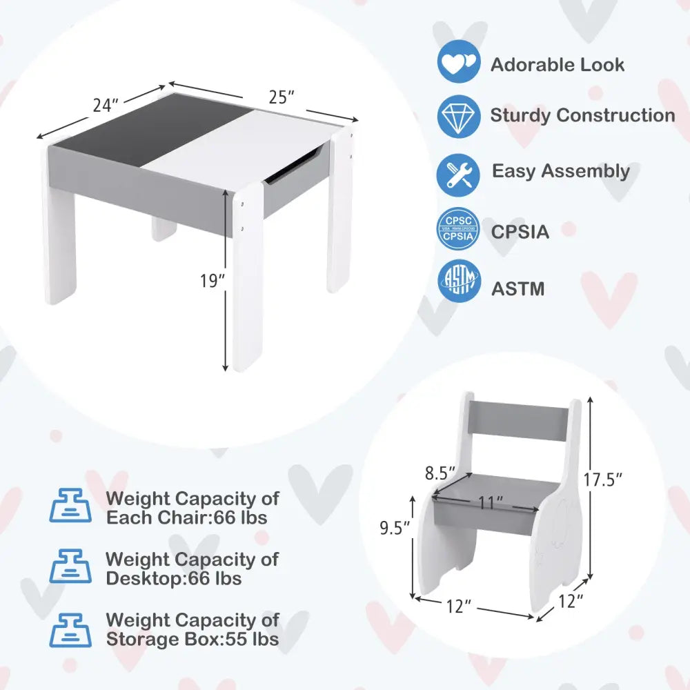 4-in-1 Wooden Activity Kids Table and Chairs with Storage and Detachable Blackboard-Gray - Gray - Kids Table & Chair