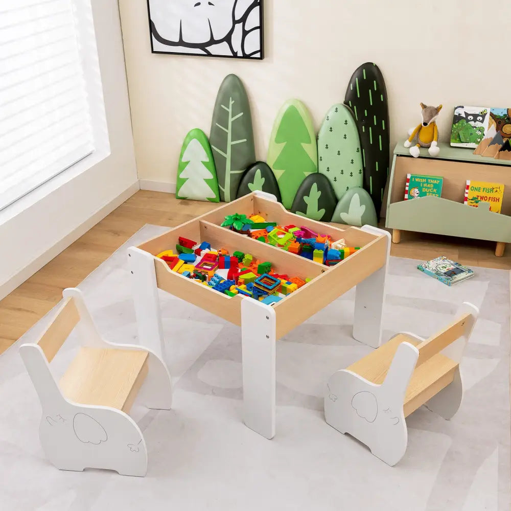 4-in-1 Wooden Activity Kids Table and Chairs with Storage and Detachable Blackboard-White - White - Kids Table & Chair