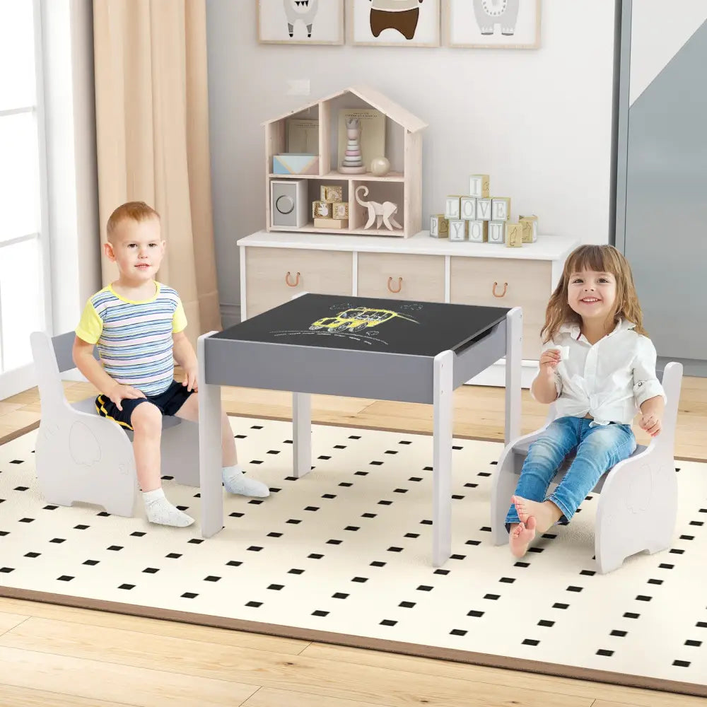 4-in-1 Wooden Activity Kids Table and Chairs with Storage and Detachable Blackboard-Gray - Gray - Kids Table & Chair